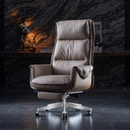 Modern Luxury Genuine Leather Wood & Aluminum Rectangular Back Desk Chair With Footrest & Wheels For Study & Home Office DFM-F