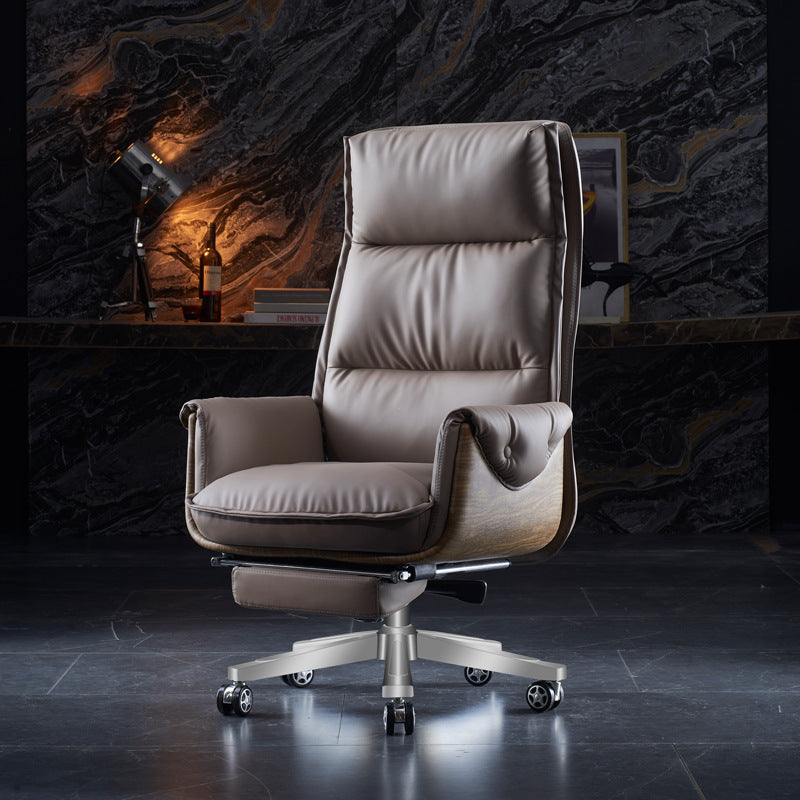 Modern Luxury Genuine Leather Wood & Aluminum Rectangular Back Desk Chair With Footrest & Wheels For Study & Home Office DFM-F