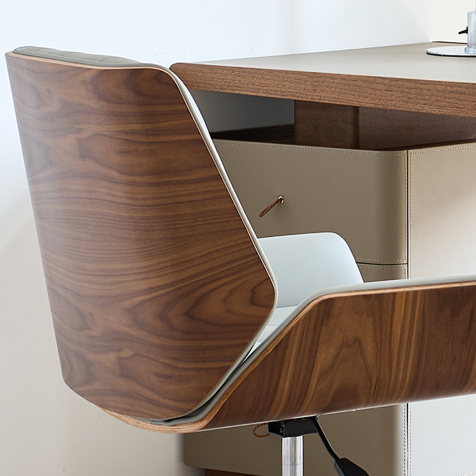 Contemporary Nordic Swivel Microfiber & Genuine Leather Wood Steel Square Desk Chair With Armrest And Backrest For Home Office Or Study