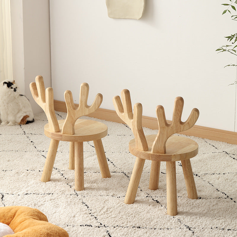 Lumendat Contemporary Creative Solid Wood Antler Round Kids Low Stool With Backrest For Living Room And Entryway Lumendat