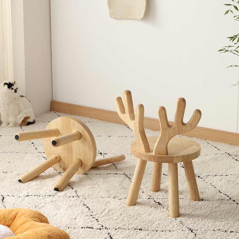 Lumendat Contemporary Creative Solid Wood Antler Round Kids Low Stool With Backrest For Living Room And Entryway Lumendat