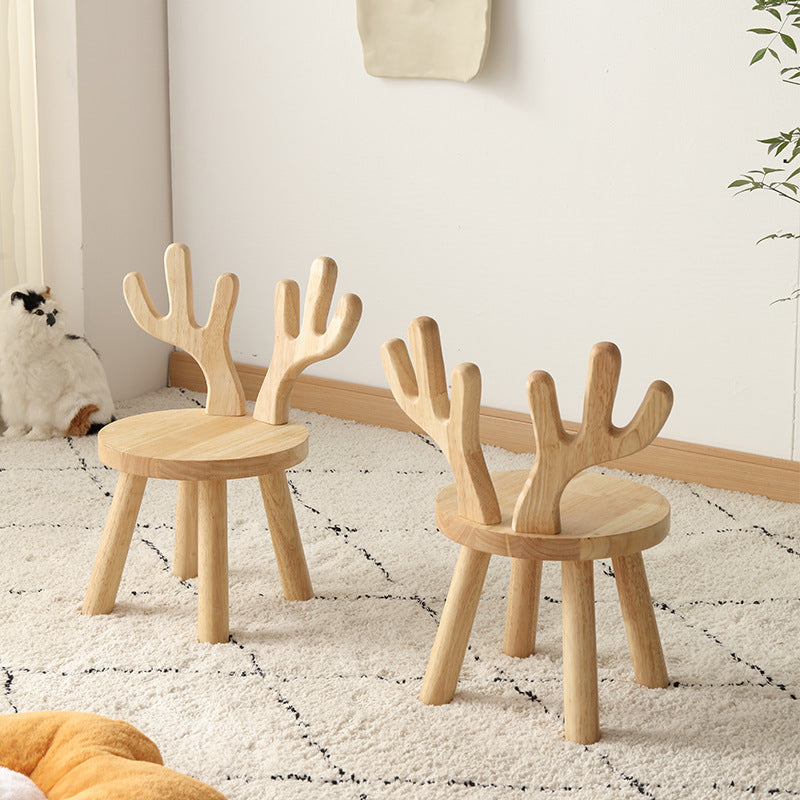 Lumendat Contemporary Creative Solid Wood Antler Round Kids Low Stool With Backrest For Living Room And Entryway Lumendat