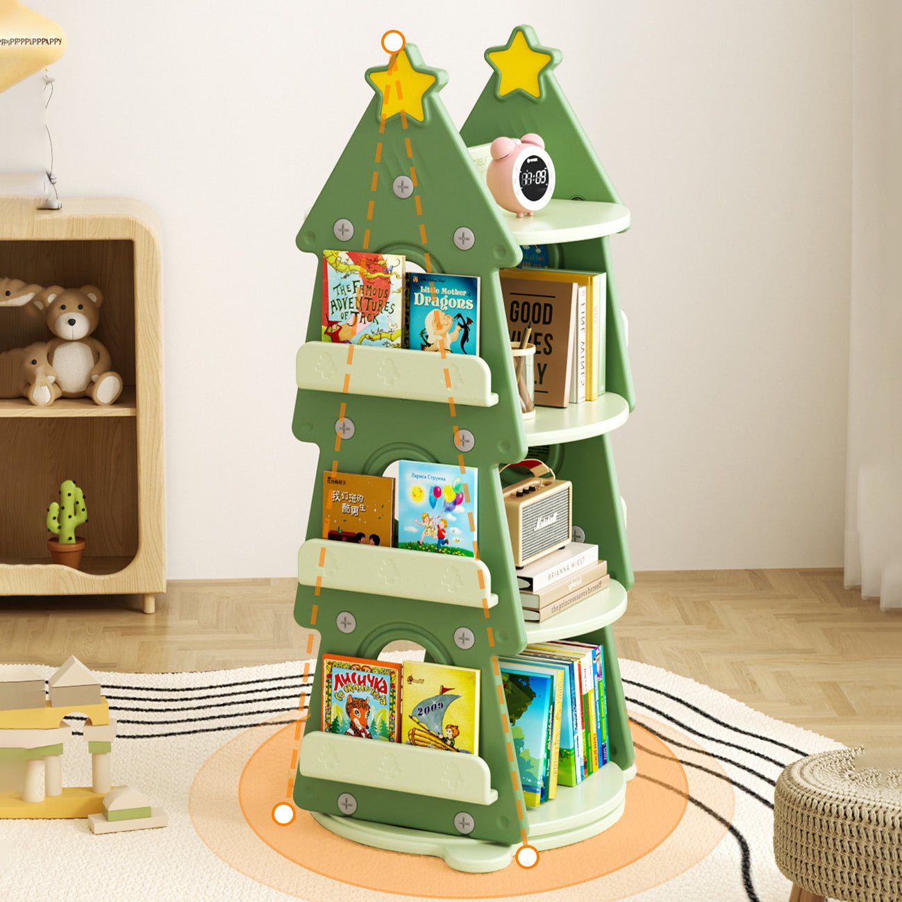 Contemporary Creative Christmas Tree-Shaped Eco-Friendly HDPE Rotatable Bookshelves 4-Tier For Home Office