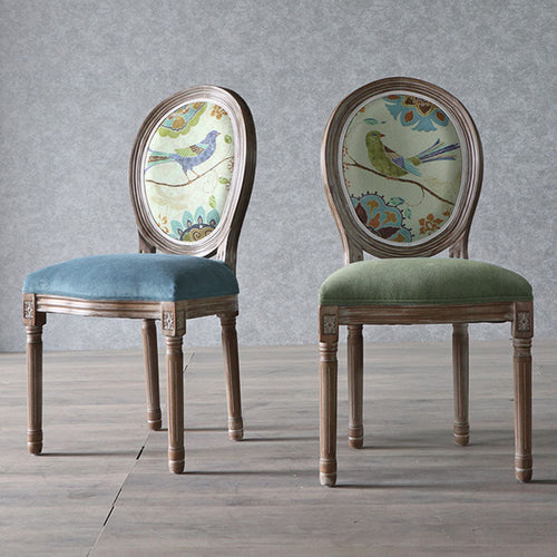 Traditional European Curved Distressed Wooden Frame Velvet Fabric Dining Chair Round Back For Dining Room