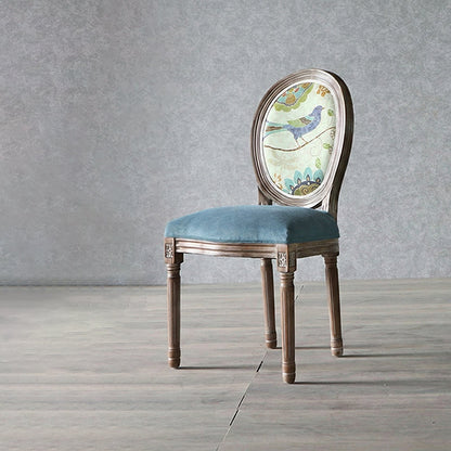 Traditional European Curved Distressed Wooden Frame Velvet Fabric Dining Chair Round Back For Dining Room