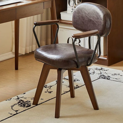 Traditional Vintage Oil Wax Leather Sponge Square Desk Chair Backrest Armrest Swivel For Home Office
