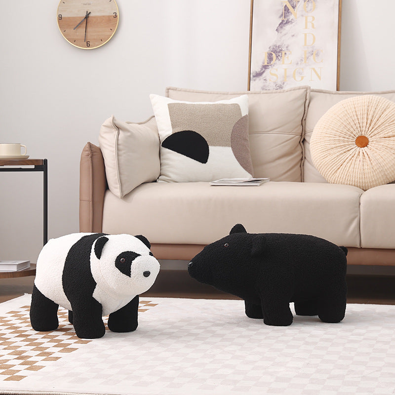 Lumendat Contemporary Creative Kids Bear Shape Teddy Fleece Solid Wood Multi-layer Board Pine Wood Low Stool Backless Armless For Living Room Lumendat