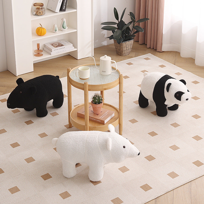 Lumendat Contemporary Creative Kids Bear Shape Teddy Fleece Solid Wood Multi-layer Board Pine Wood Low Stool Backless Armless For Living Room Lumendat