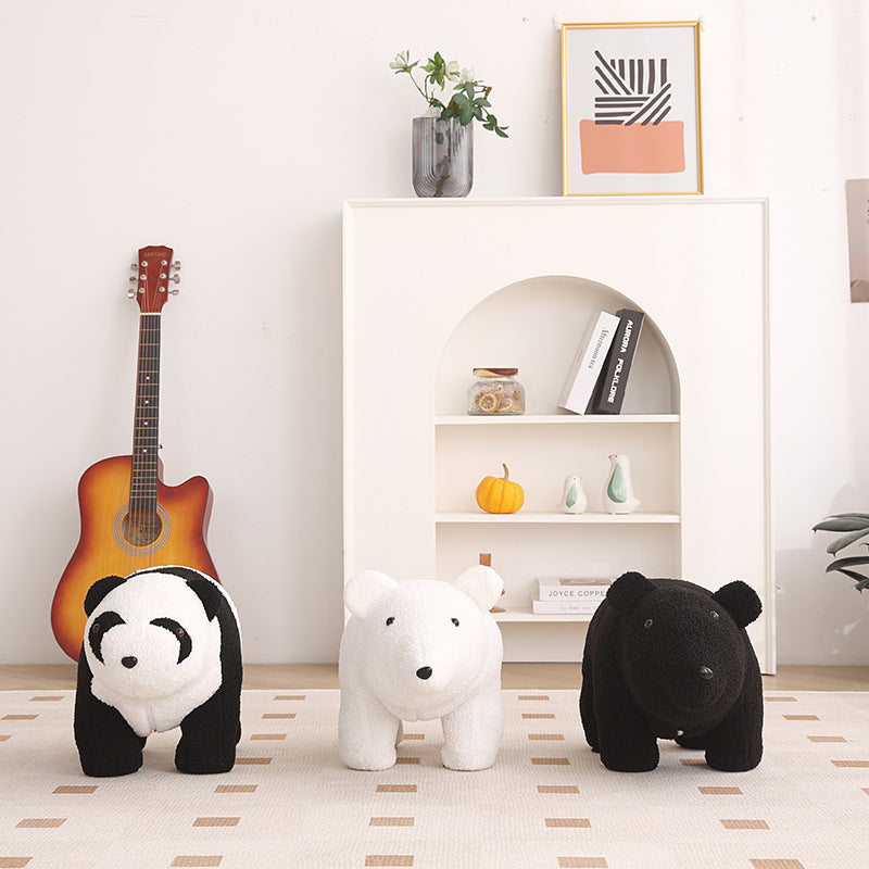 Lumendat Contemporary Creative Kids Bear Shape Teddy Fleece Solid Wood Multi-layer Board Pine Wood Low Stool Backless Armless For Living Room Lumendat