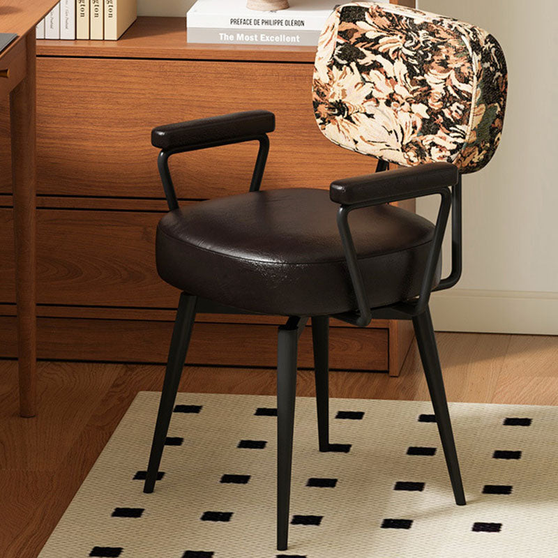Contemporary Nordic Square Rectangular Carbon Steel Oil Wax Leather Jacquard Fabric Sunflower Pattern 360°Swivel Desk Chair Backrest Armrest For Home Office DFM-F