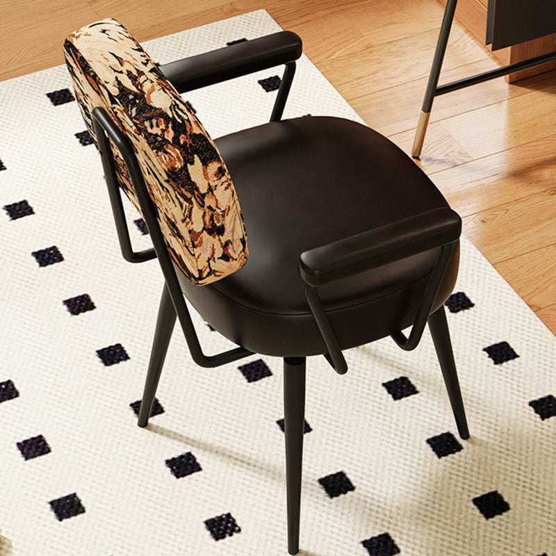 Contemporary Nordic Square Rectangular Carbon Steel Oil Wax Leather Jacquard Fabric Sunflower Pattern 360°Swivel Desk Chair Backrest Armrest For Home Office DFM-F