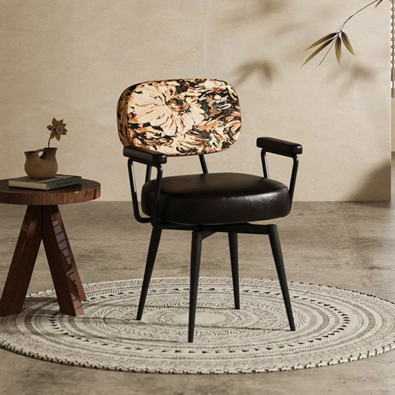 Contemporary Nordic Square Rectangular Carbon Steel Oil Wax Leather Jacquard Fabric Sunflower Pattern 360°Swivel Desk Chair Backrest Armrest For Home Office DFM-F