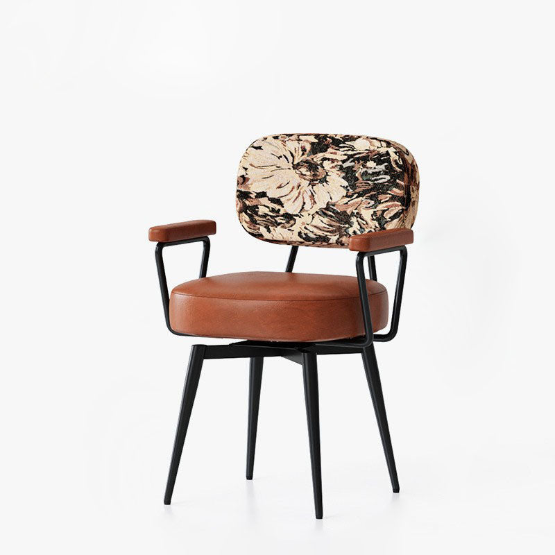Contemporary Nordic Square Rectangular Carbon Steel Oil Wax Leather Jacquard Fabric Sunflower Pattern 360°Swivel Desk Chair Backrest Armrest For Home Office DFM-F