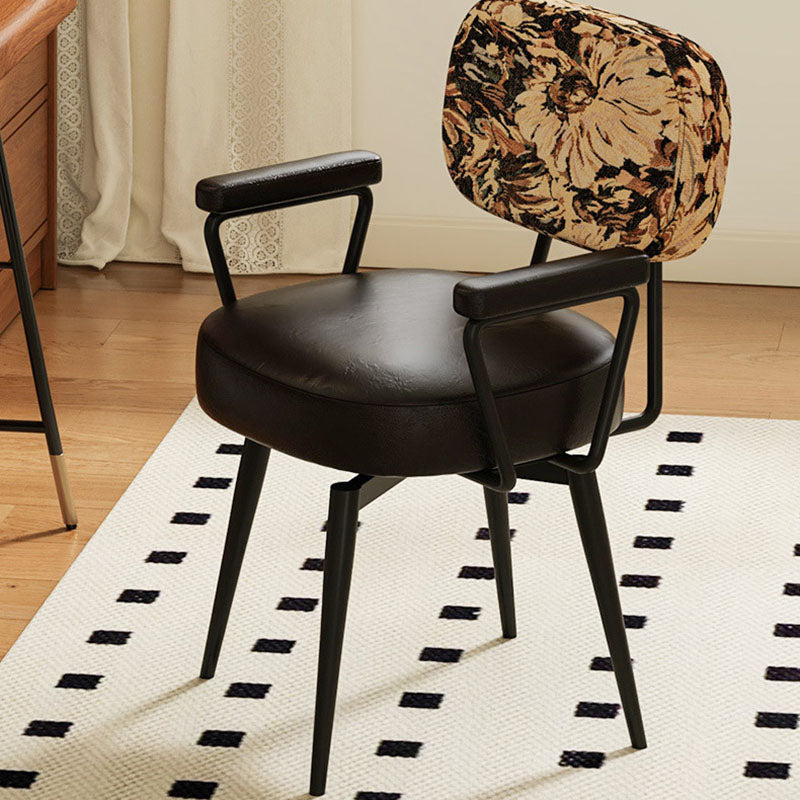Contemporary Nordic Square Rectangular Carbon Steel Oil Wax Leather Jacquard Fabric Sunflower Pattern 360°Swivel Desk Chair Backrest Armrest For Home Office DFM-F