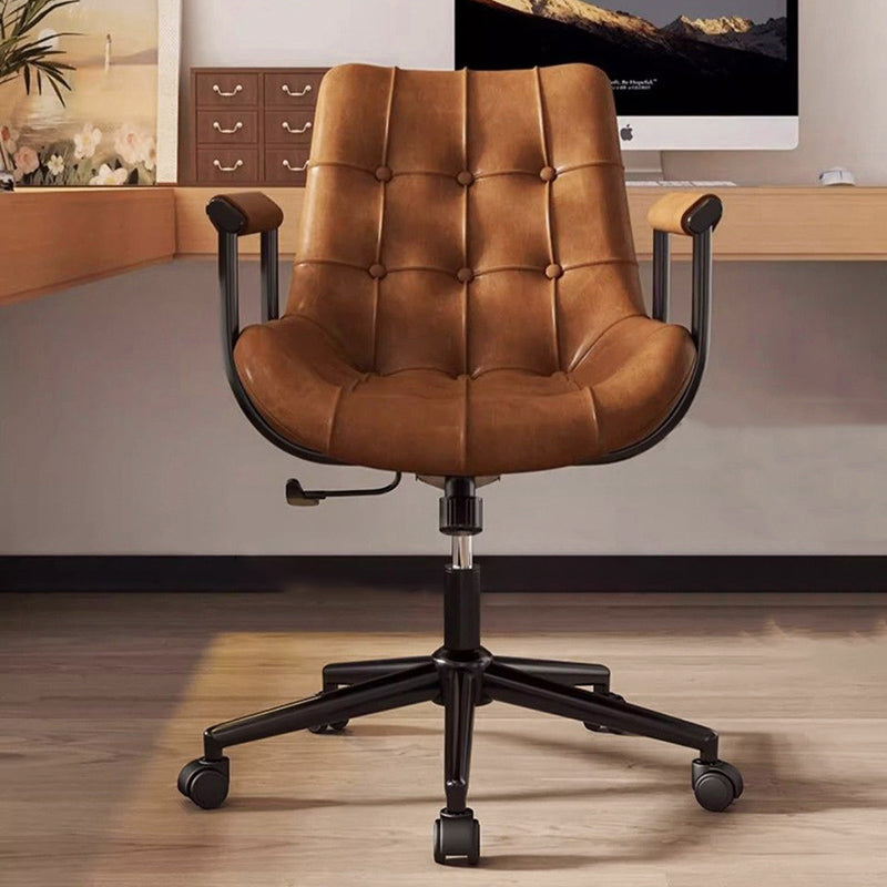 Contemporary Retro Square Rectangular Cat Scratch Leather Oil Wax Leather Wooden Board Nylon Steel 360°Swivel Movable Height Adjustable Desk Chair Backrest Armrest For Home Office DFM-F
