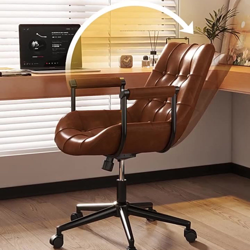 Contemporary Retro Square Rectangular Cat Scratch Leather Oil Wax Leather Wooden Board Nylon Steel 360°Swivel Movable Height Adjustable Desk Chair Backrest Armrest For Home Office DFM-F