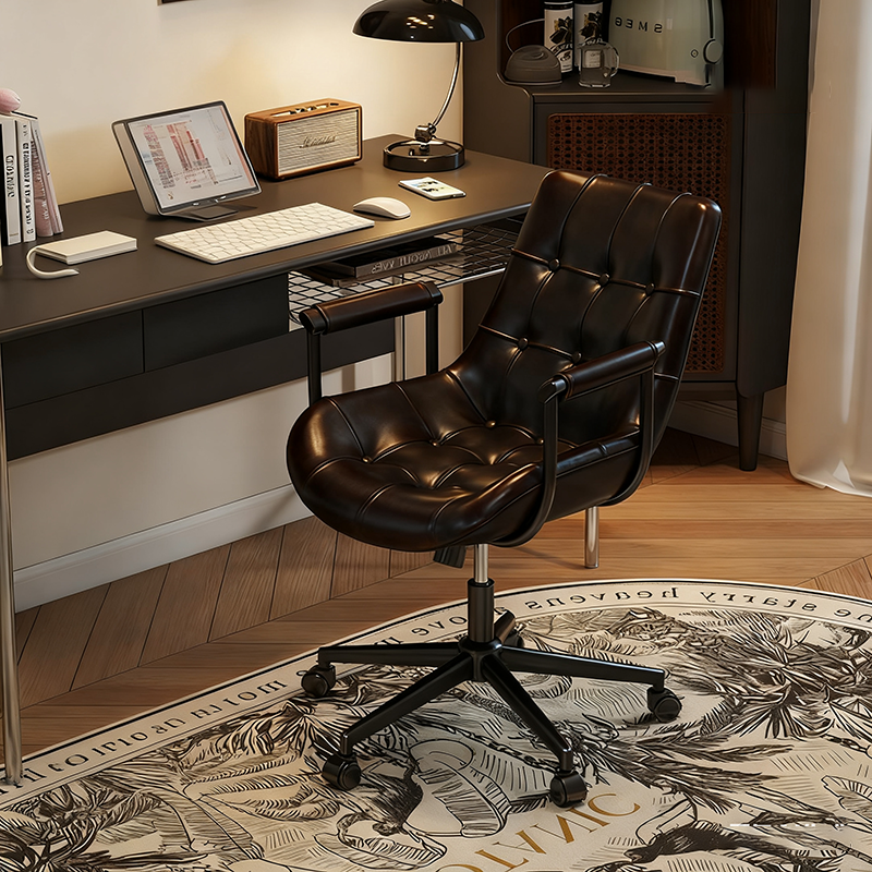 Contemporary Retro Square Rectangular Cat Scratch Leather Oil Wax Leather Wooden Board Nylon Steel 360°Swivel Movable Height Adjustable Desk Chair Backrest Armrest For Home Office DFM-F