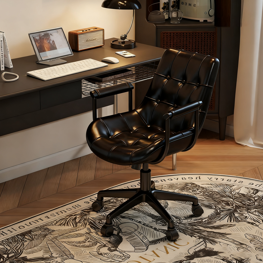 Contemporary Retro Square Rectangular Cat Scratch Leather Oil Wax Leather Wooden Board Nylon Steel 360°Swivel Movable Height Adjustable Desk Chair Backrest Armrest For Home Office DFM-F