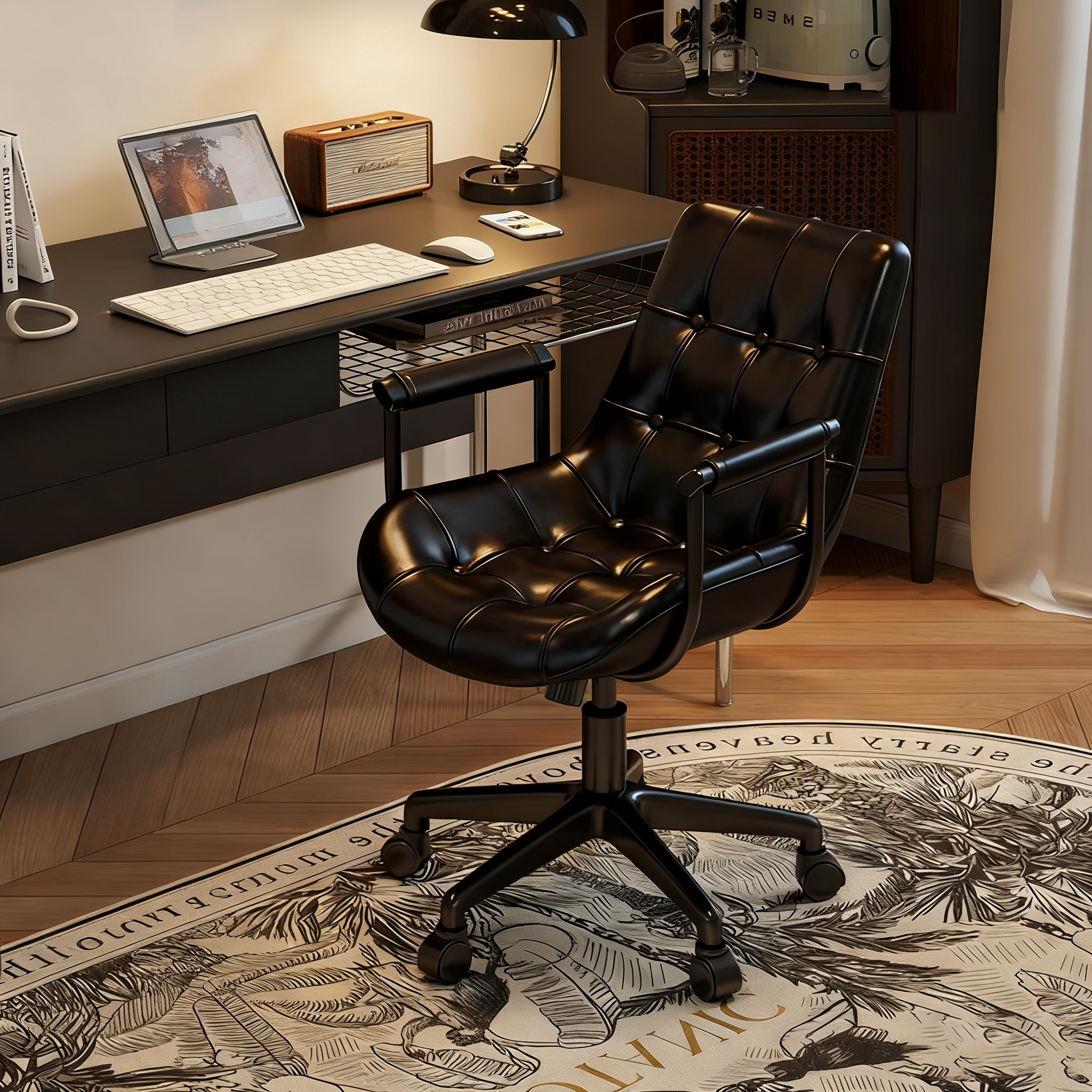 Contemporary Retro Square Rectangular Cat Scratch Leather Oil Wax Leather Wooden Board Nylon Steel 360°Swivel Movable Height Adjustable Desk Chair Backrest Armrest For Home Office DFM-F
