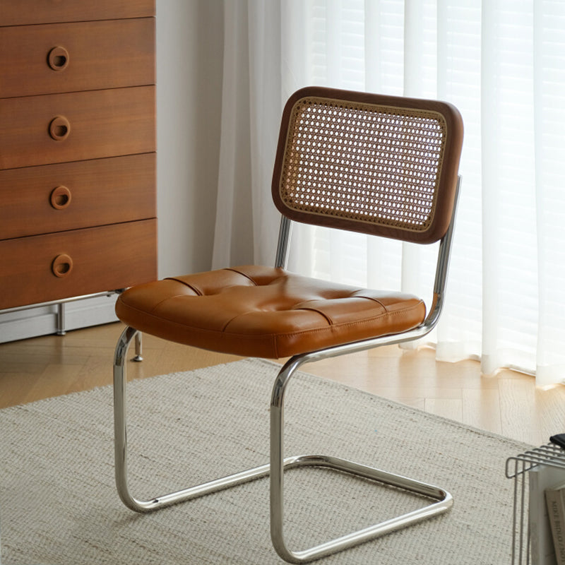 Traditional Vintage Arc Stainless Steel Leather Sponge Plastic Rattan Weaving Dining Chair Backrest Armless For Dining Room Lumendat