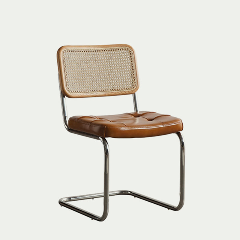 Traditional Vintage Arc Stainless Steel Leather Sponge Plastic Rattan Weaving Dining Chair Backrest Armless For Dining Room Lumendat