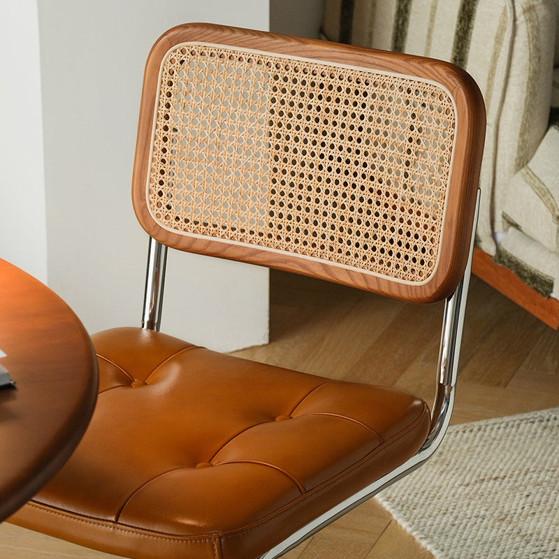 Traditional Vintage Arc Stainless Steel Leather Sponge Plastic Rattan Weaving Dining Chair Backrest Armless For Dining Room Lumendat