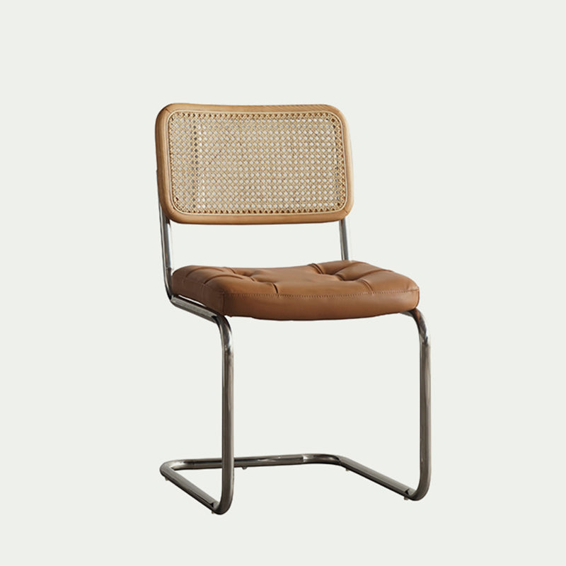 Traditional Vintage Arc Stainless Steel Leather Sponge Plastic Rattan Weaving Dining Chair Backrest Armless For Dining Room Lumendat