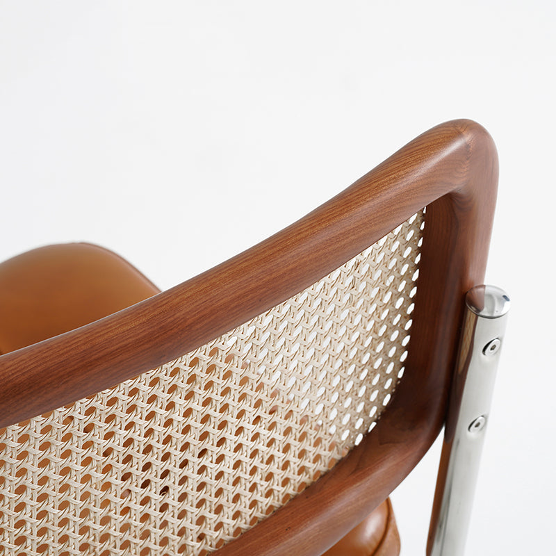 Traditional Vintage Arc Stainless Steel Leather Sponge Plastic Rattan Weaving Dining Chair Backrest Armless For Dining Room Lumendat