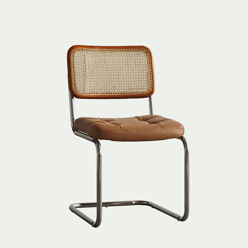 Traditional Vintage Arc Stainless Steel Leather Sponge Plastic Rattan Weaving Dining Chair Backrest Armless For Dining Room Lumendat