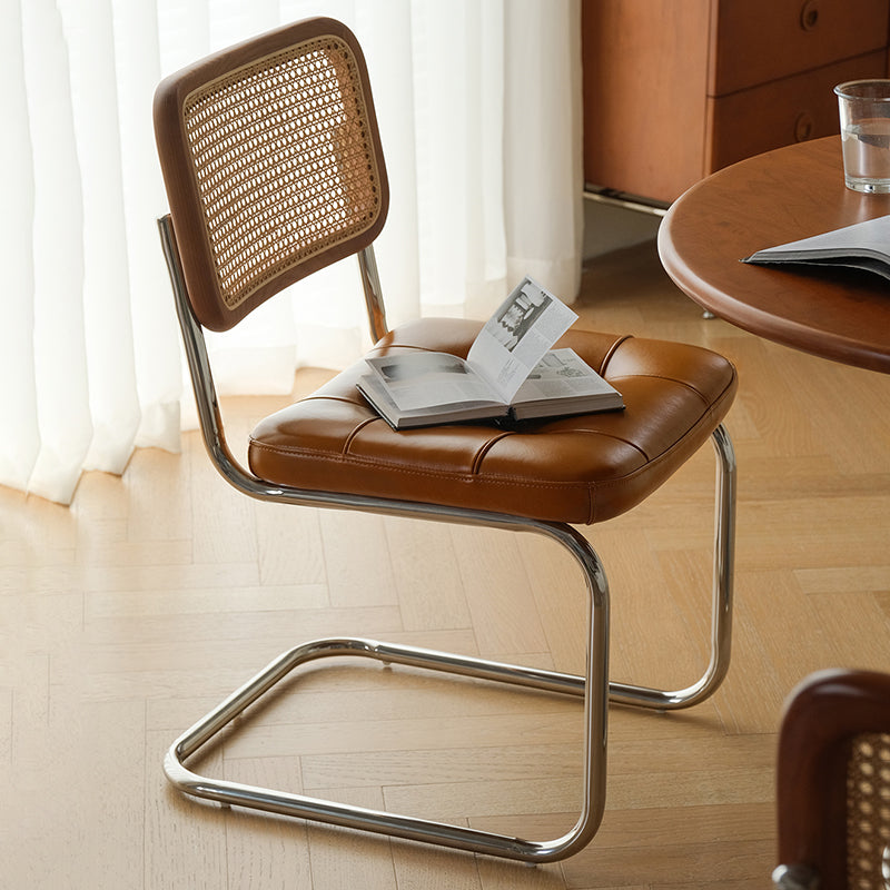 Traditional Vintage Arc Stainless Steel Leather Sponge Plastic Rattan Weaving Dining Chair Backrest Armless For Dining Room Lumendat