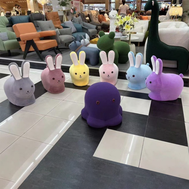 Lumendat Contemporary Creative Kids Wood Velvet Cotton Rabbit Low Stool Backless For Entryway Lumendat
