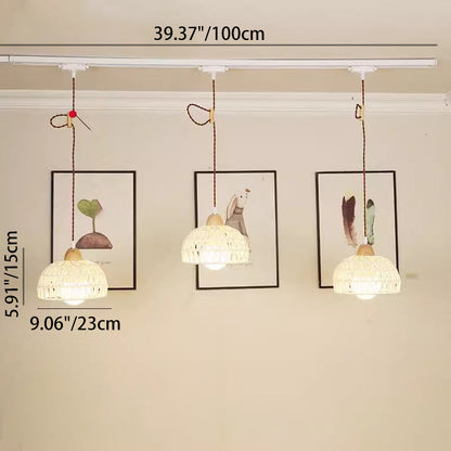 Traditional Japanese Weaving Aluminum Wood & Rattan Dome-Shaped Hemispheroid 1/2/3/4 Light Track Lighting Pendant Light For Dining Room