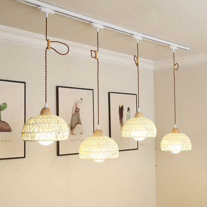 Traditional Japanese Weaving Aluminum Wood & Rattan Dome-Shaped Hemispheroid 1/2/3/4 Light Track Lighting Pendant Light For Dining Room