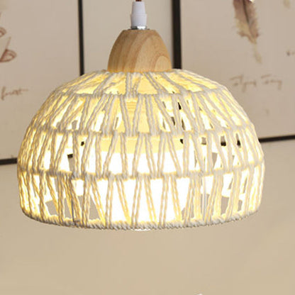 Traditional Japanese Weaving Aluminum Wood & Rattan Dome-Shaped Hemispheroid 1/2/3/4 Light Track Lighting Pendant Light For Dining Room