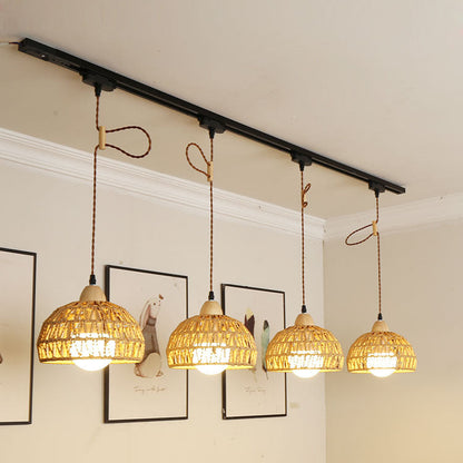 Traditional Japanese Weaving Aluminum Wood & Rattan Dome-Shaped Hemispheroid 1/2/3/4 Light Track Lighting Pendant Light For Dining Room