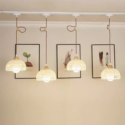 Traditional Japanese Weaving Aluminum Wood & Rattan Dome-Shaped Hemispheroid 1/2/3/4 Light Track Lighting Pendant Light For Dining Room