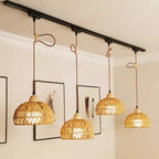 Traditional Japanese Weaving Aluminum Wood & Rattan Dome-Shaped Hemispheroid 1/2/3/4 Light Track Lighting Pendant Light For Dining Room