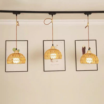 Traditional Japanese Weaving Aluminum Wood & Rattan Dome-Shaped Hemispheroid 1/2/3/4 Light Track Lighting Pendant Light For Dining Room