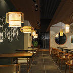 Traditional Chinese Weaving Iron Bamboo Parchment Lantern Cylinder 1-Light Pendant Light For Dining Room