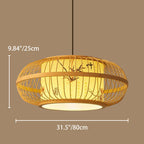 Traditional Chinese Weaving Iron Bamboo Parchment Lantern Cylinder 1-Light Pendant Light For Dining Room