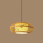 Traditional Chinese Weaving Iron Bamboo Parchment Lantern Cylinder 1-Light Pendant Light For Dining Room