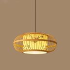 Traditional Chinese Weaving Iron Bamboo Parchment Lantern Cylinder 1-Light Pendant Light For Dining Room