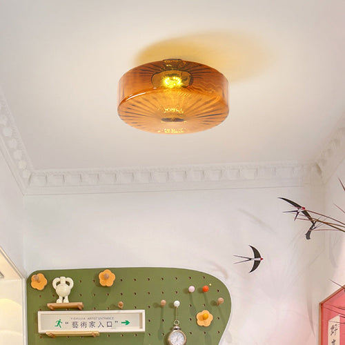 Traditional Rustic Iron Glass Round LED Semi-flush Mount Ceiling Light for Living Room or Bedroom
