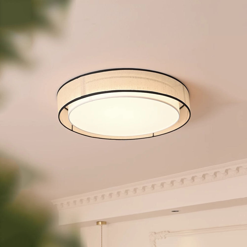 Traditional Chinese Round Iron Acrylic Fabric LED Flush Mount Ceiling Light For Living Room