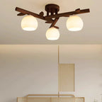 Traditional Japanese Round Fan Wood Glass 3/5/8 Light Semi-flush Mount Ceiling Light for Living Room