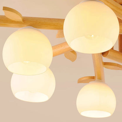 Traditional Japanese Round Fan Wood Glass 3/5/8 Light Semi-flush Mount Ceiling Light for Living Room