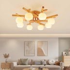Traditional Japanese Round Fan Wood Glass 3/5/8 Light Semi-flush Mount Ceiling Light for Living Room