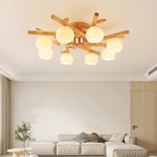 Traditional Japanese Round Fan Wood Glass 3/5/8 Light Semi-flush Mount Ceiling Light for Living Room