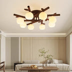 Traditional Japanese Round Fan Wood Glass 3/5/8 Light Semi-flush Mount Ceiling Light for Living Room