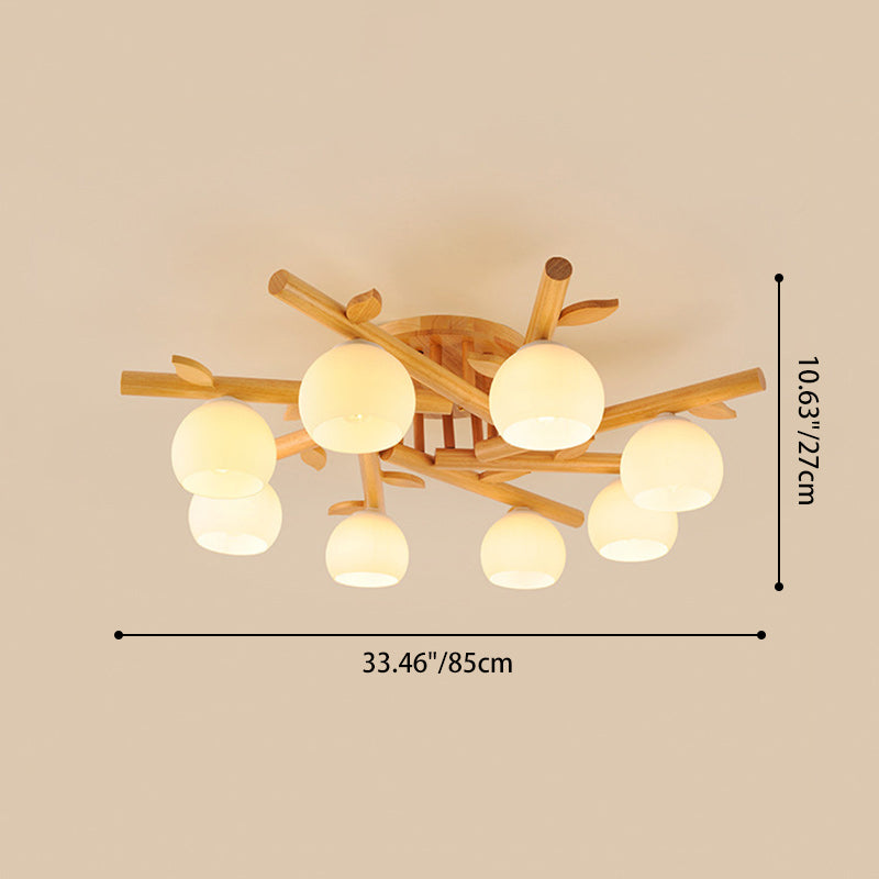 Traditional Japanese Round Fan Wood Glass 3/5/8 Light Semi-flush Mount Ceiling Light for Living Room